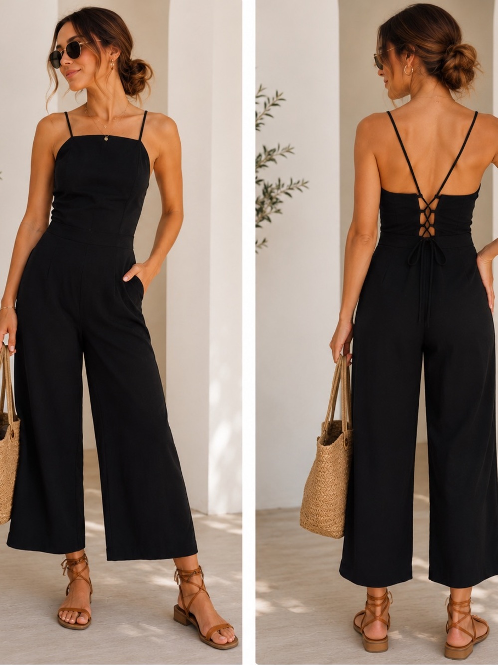 Abercrombie & Fitch Black Linen Blend Wide Leg Jumpsuit Size 0
